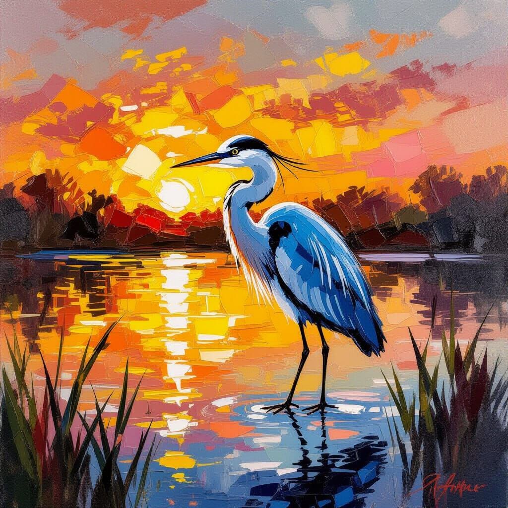 Tiny Winter Heron at Sunset Lake in Impressionist Oils