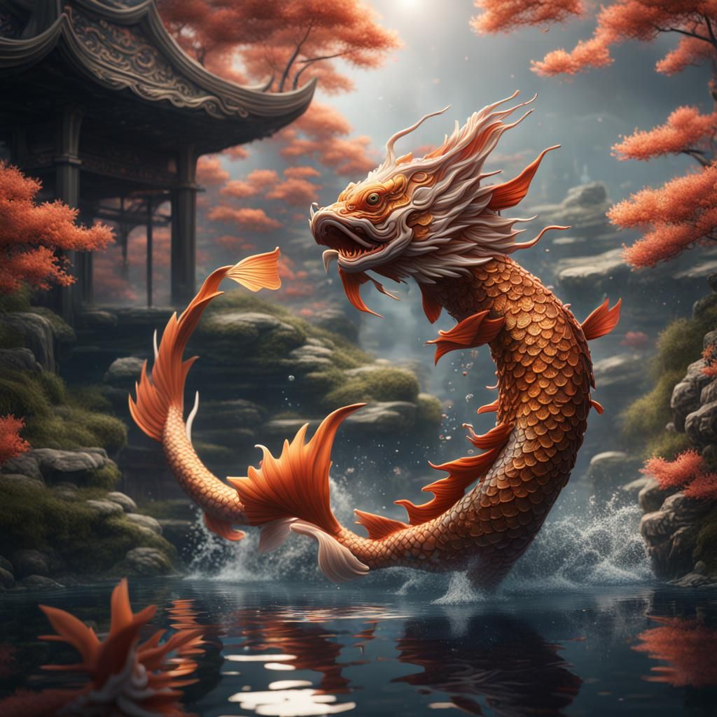 Fantastical Koi Dragon: Detailed Matte Painting