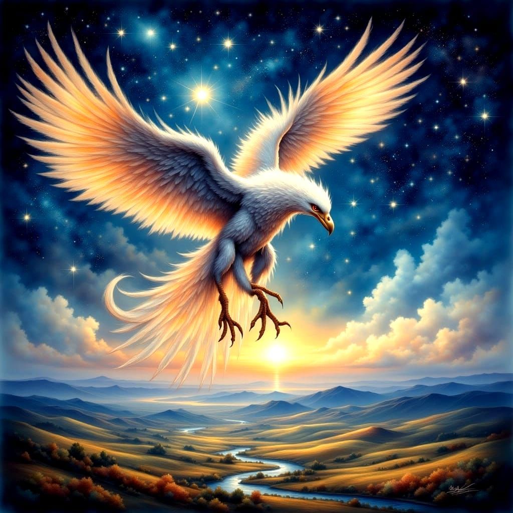 Griffin Soaring Through Starry Skies in Watercolor Style