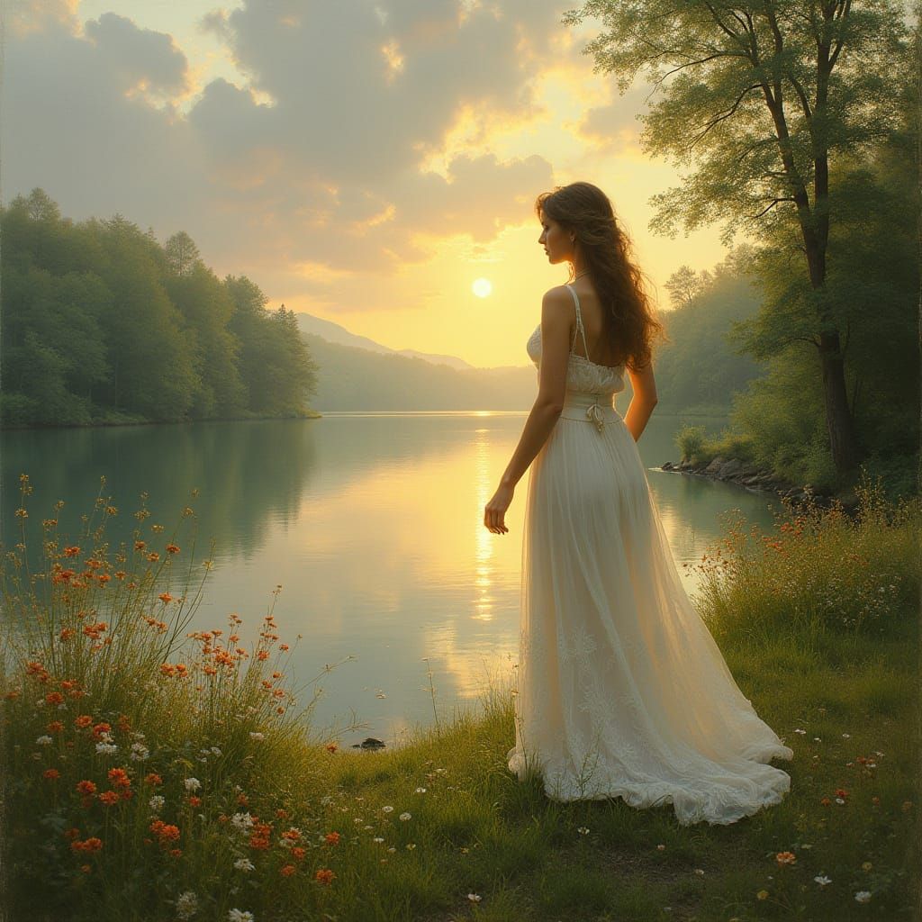 Peaceful Lake Landscape in Romantic Style