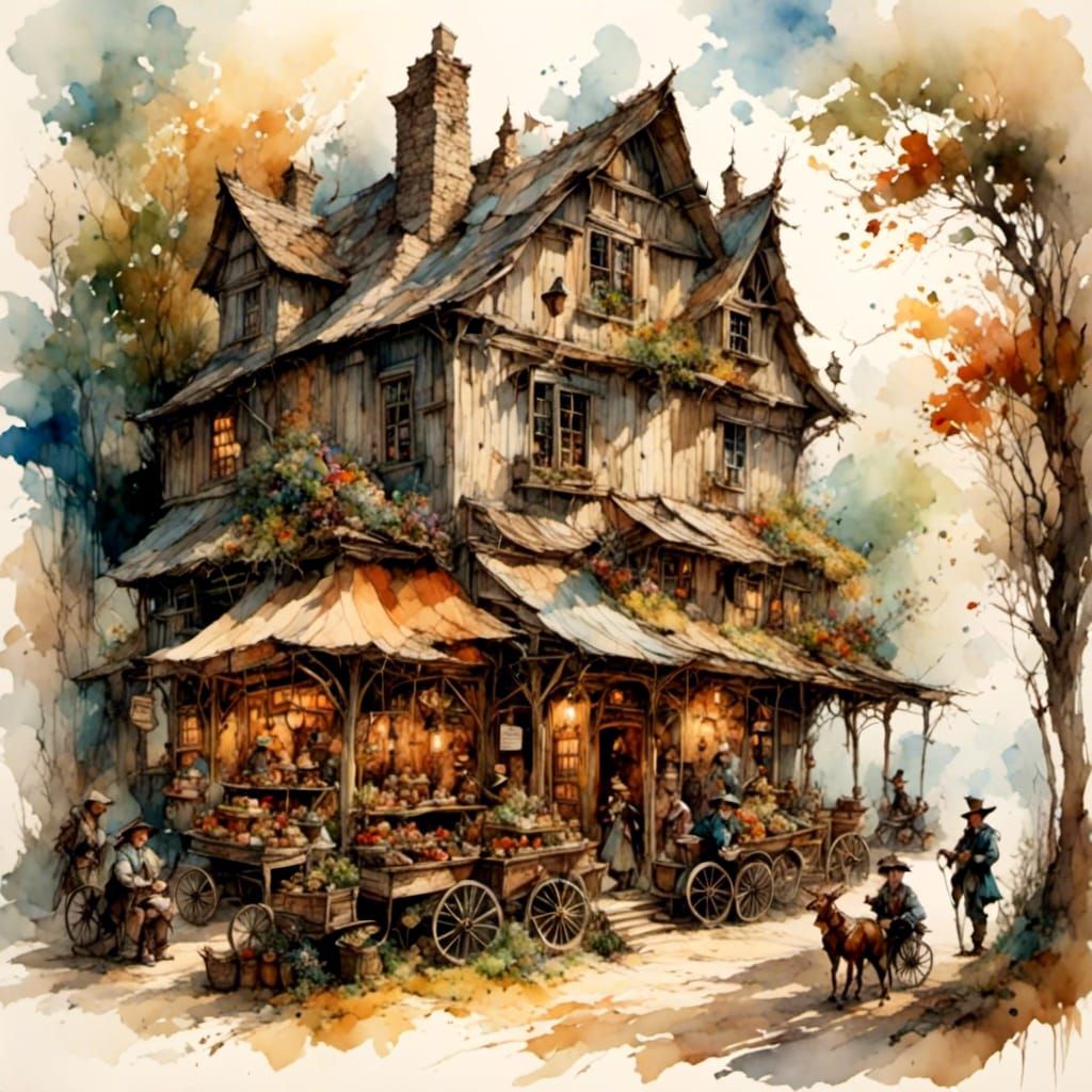 Country Store in Watercolor and Woodcut Style