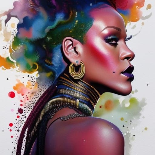 Rihanna Portrait in Liquid Gouache with Calligraphy