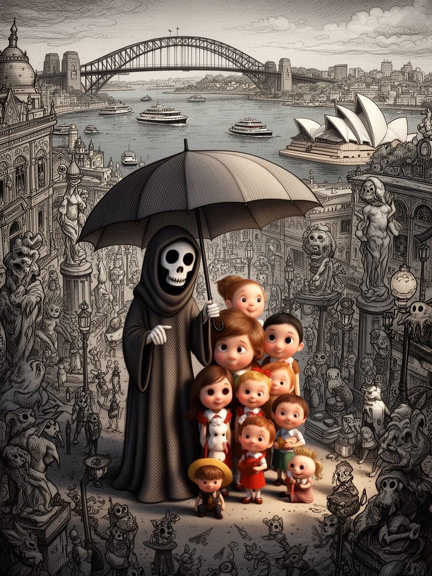 Gorey-Style Noir Children at Sydney's Circular Quay