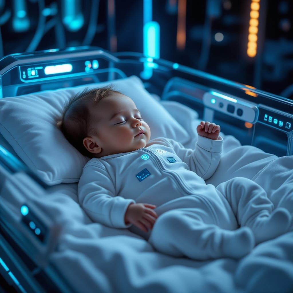 Infant with Brain Implants in Cyberpunk Bioluminescence