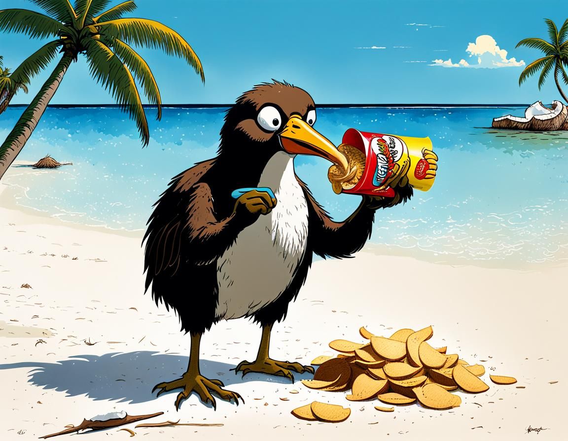 Kiwi Bird on Coconut Eating Pringle: Hergé Cartoon