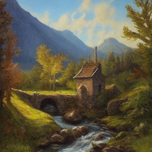 Medieval Watchtower Guards Mountain Stream: Oil Painting