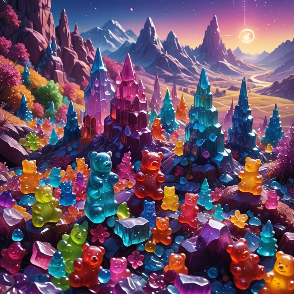 Gummy Bears in a Vibrant Fantasy Landscape