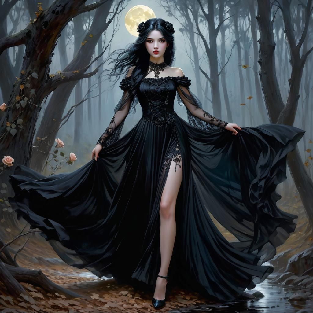 Goth Princess Portrait with Black Roses in Moonlight