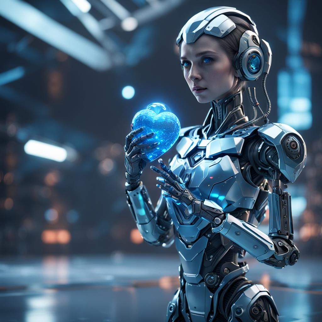 Futuristic Robot Girl Holding Blue Heart