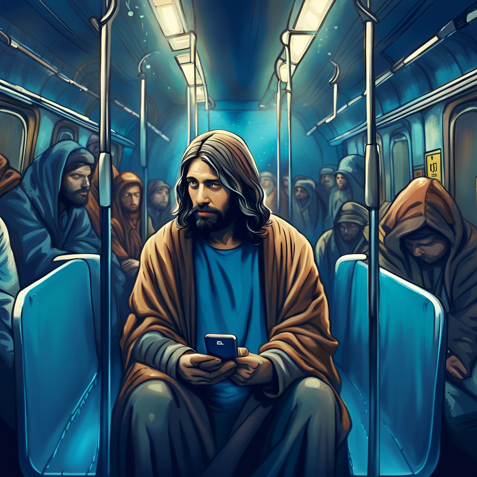 Jesus on Subway Train in Comic Style