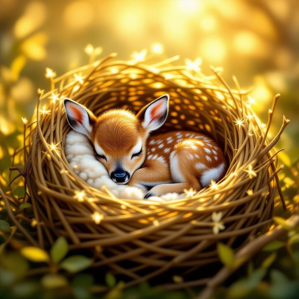 Tiny Deer Cub Sleeps Peacefully in Magical Nest