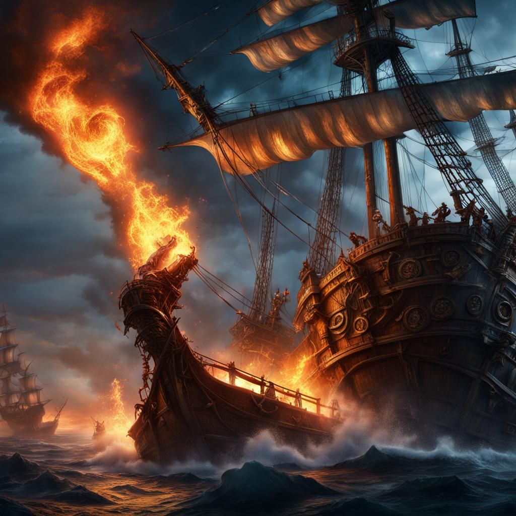Kraken Attack on Galleon in Fiery Night Sky