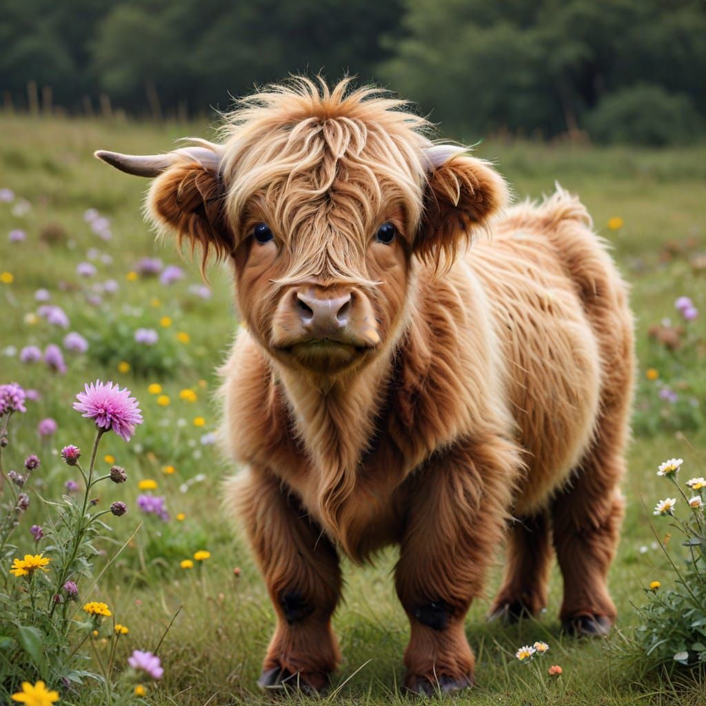 Fluffy Brown Highland Calf in a Flower Meadow