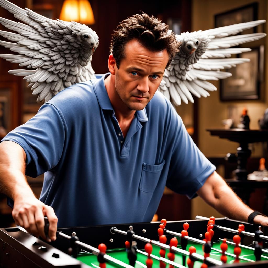 Winged Figure Playing Foosball in Heaven