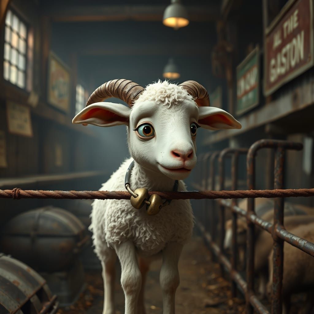 Nervous Lamb in Slaughterhouse: Pixar-Style Image