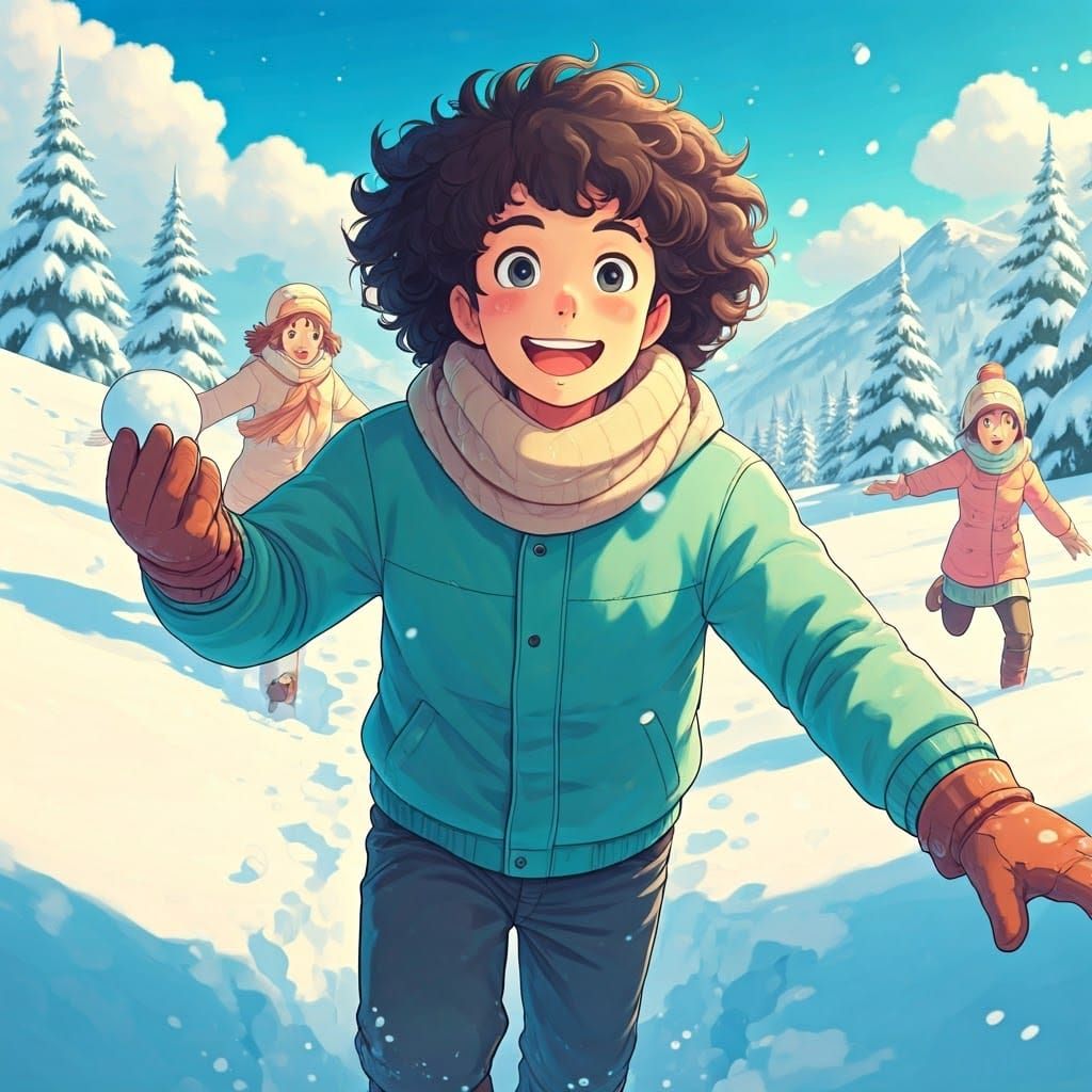 Joyful Winter Scene in Whimsical Anime Style