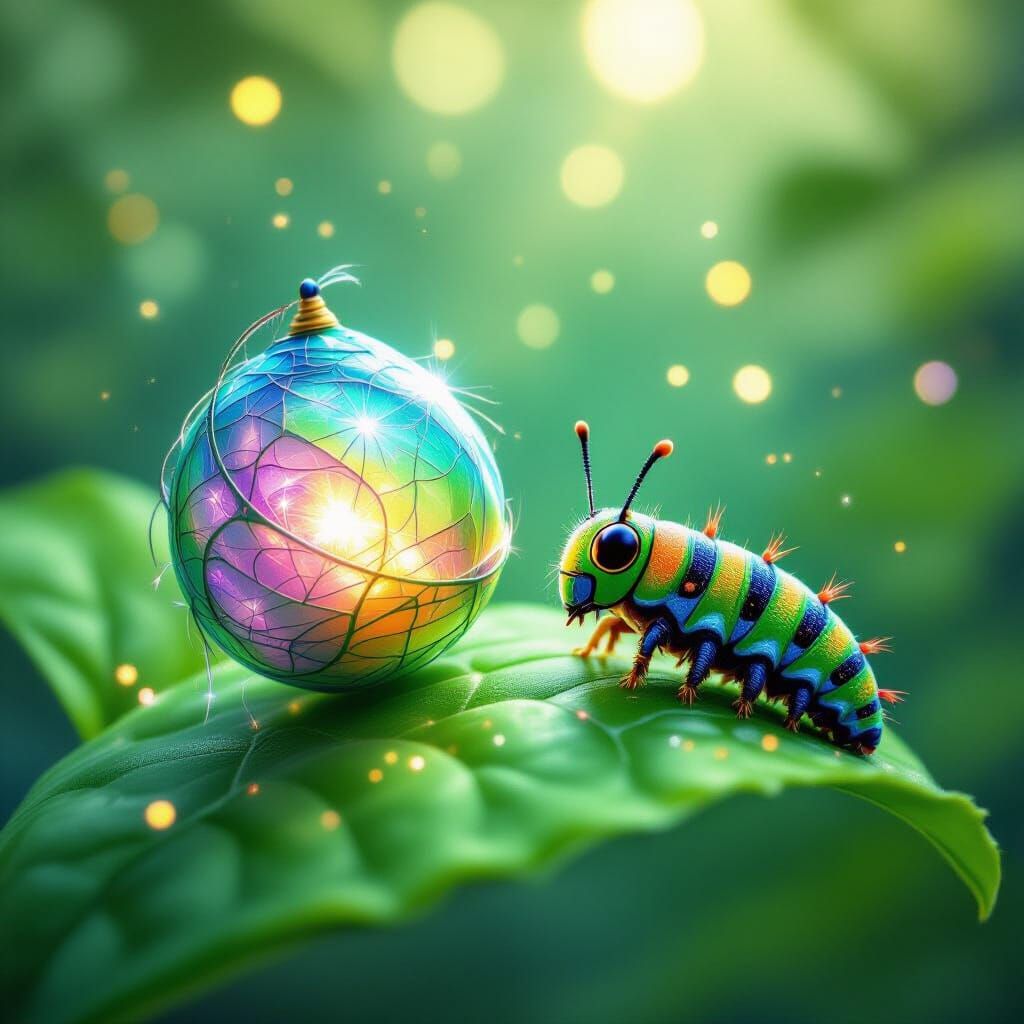 Enchanted Caterpillar Gazes at Shimmering Cocoon