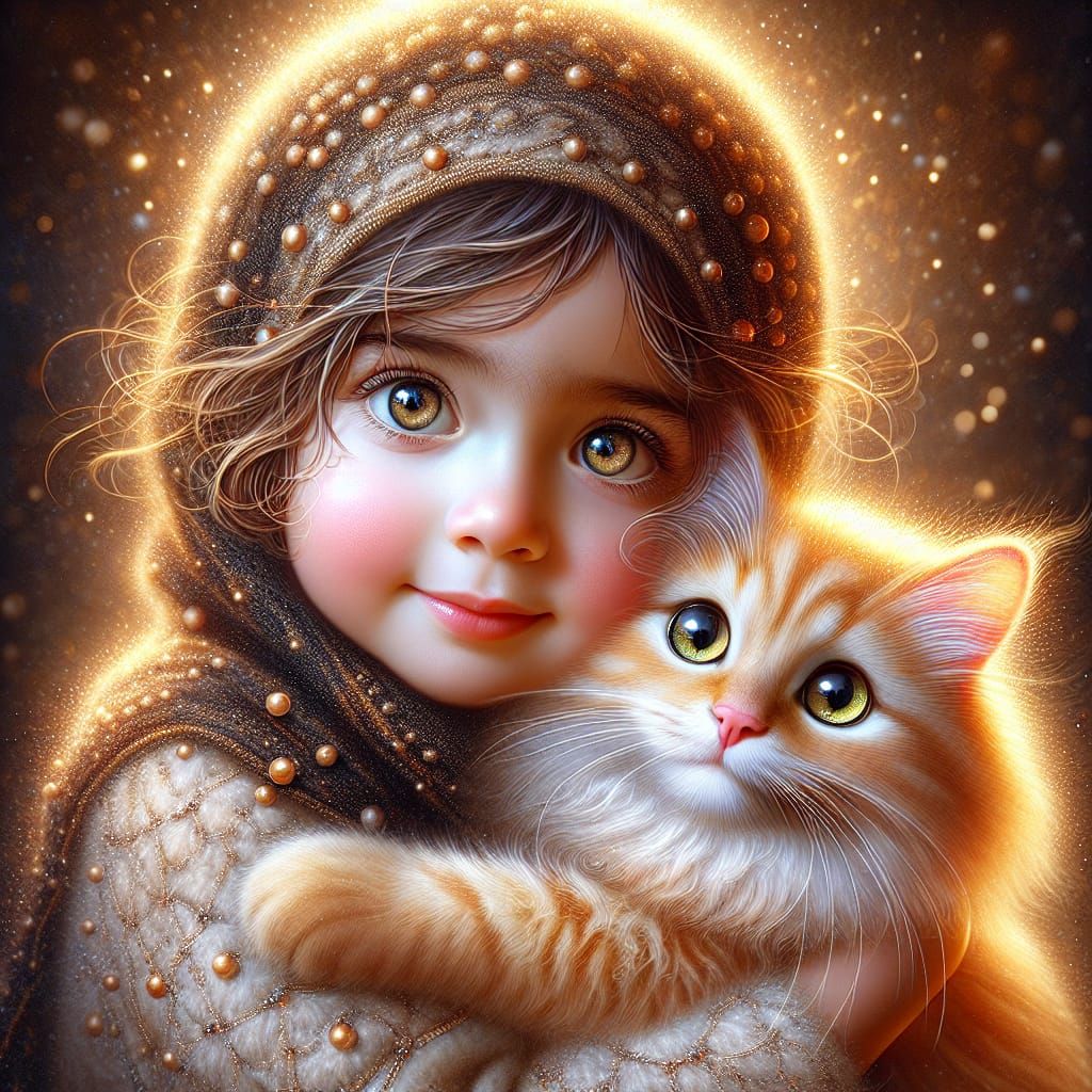 Child Cuddling Cat: Charming Digital Illustration