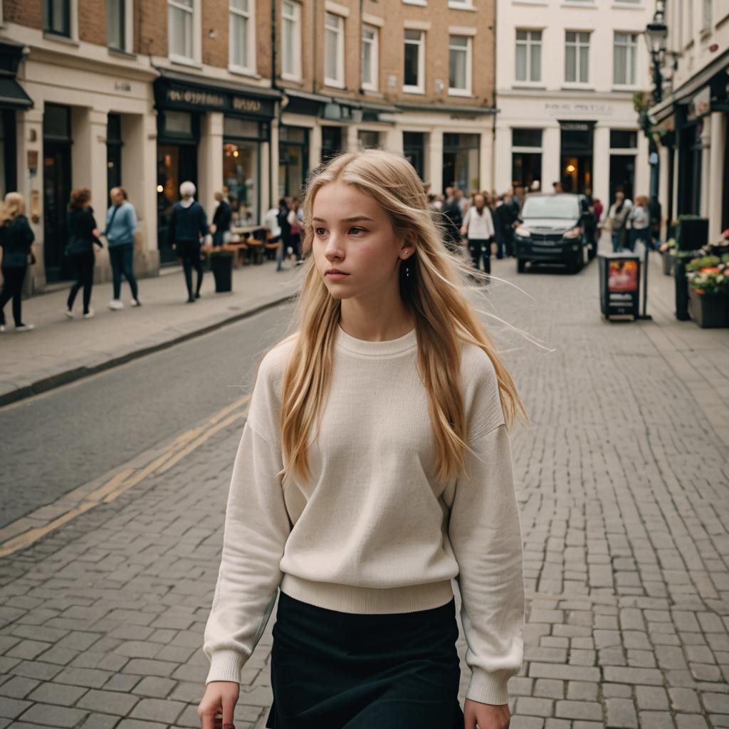 Teenage Girl Walking in Town: Cinematic Film Still