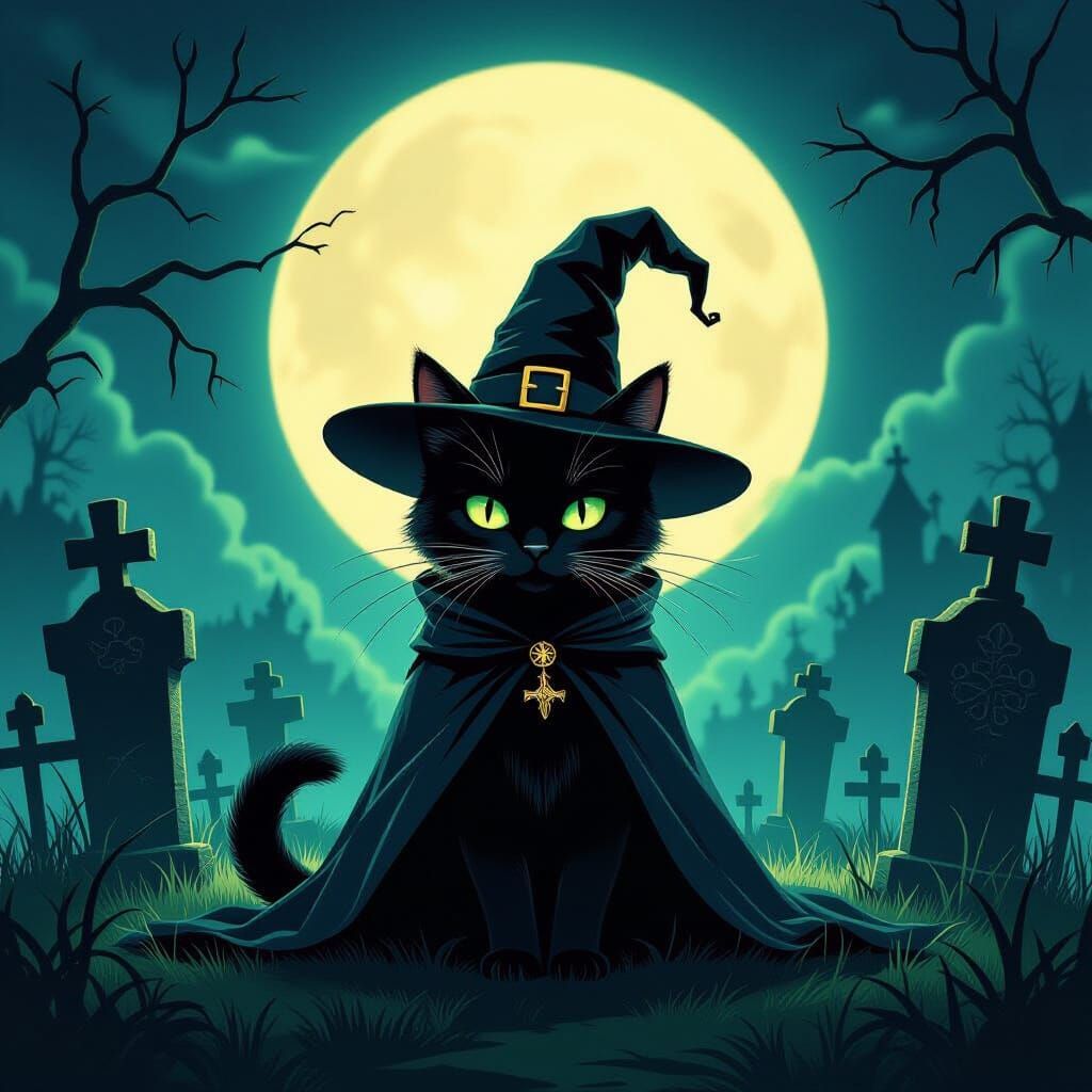Majestic Black Cat Witch in Moonlit Graveyard