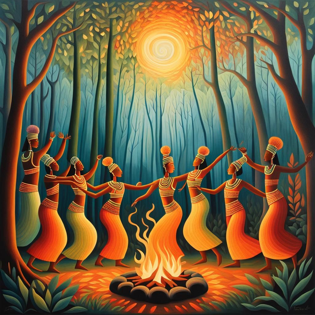 Vibrant Tribal Dancers Around Fire in Primitivist Style