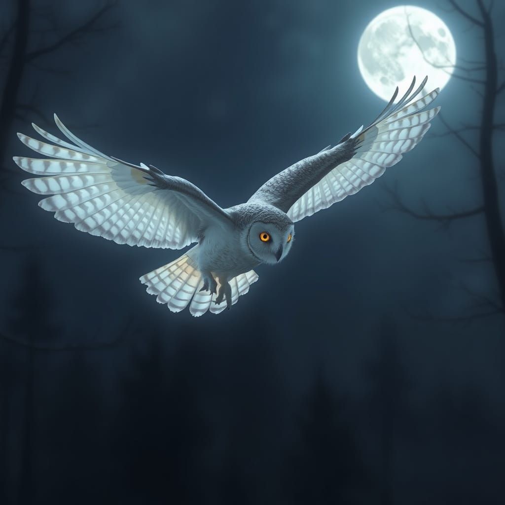 Glowing Owl Descent in Foggy Forest