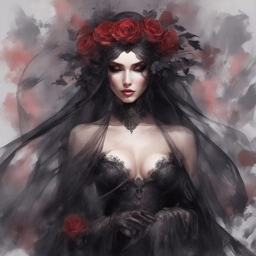 Dark Mistress in Veil with Rose Petals
