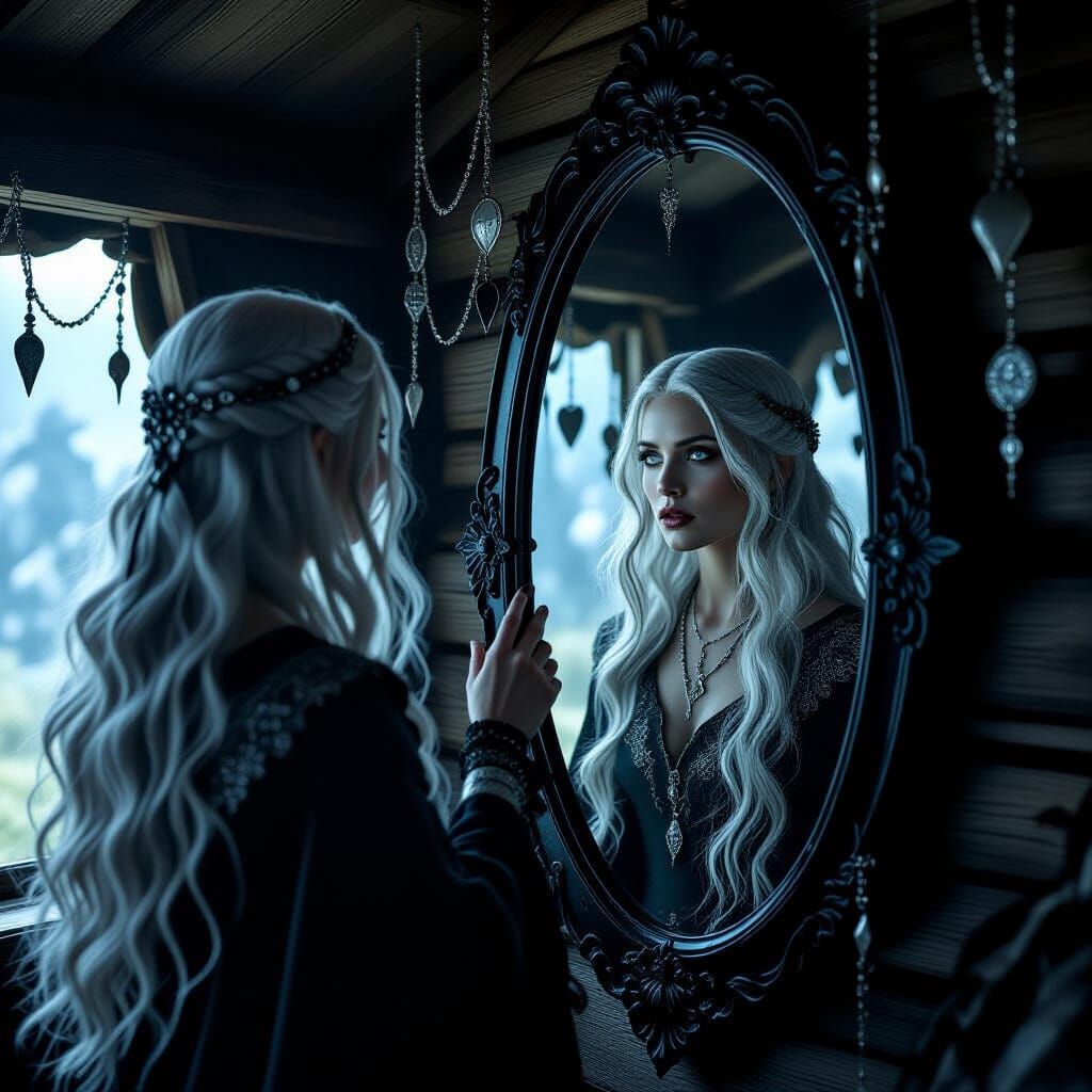 Ash-Haired Witch Sees Danger in Obsidian Mirror