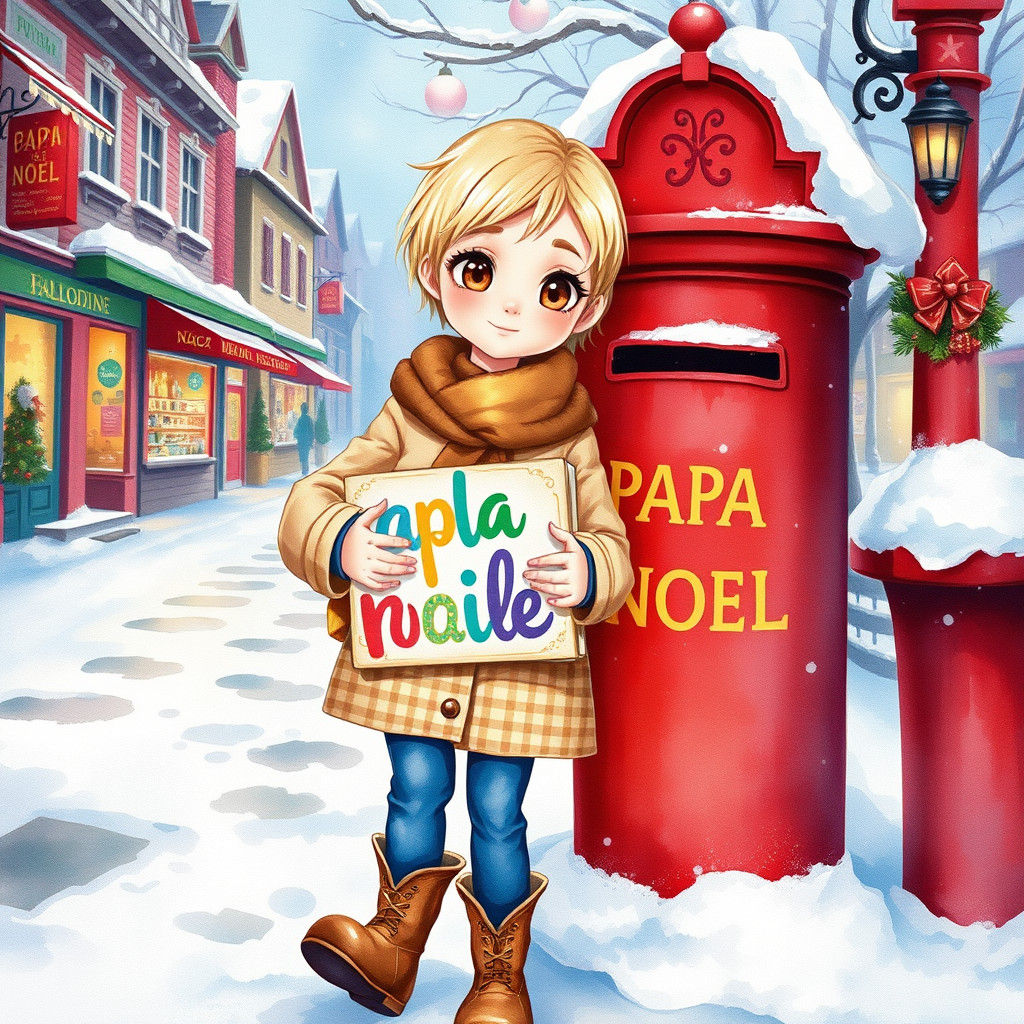 Festive Winter Watercolor of Girl with Package