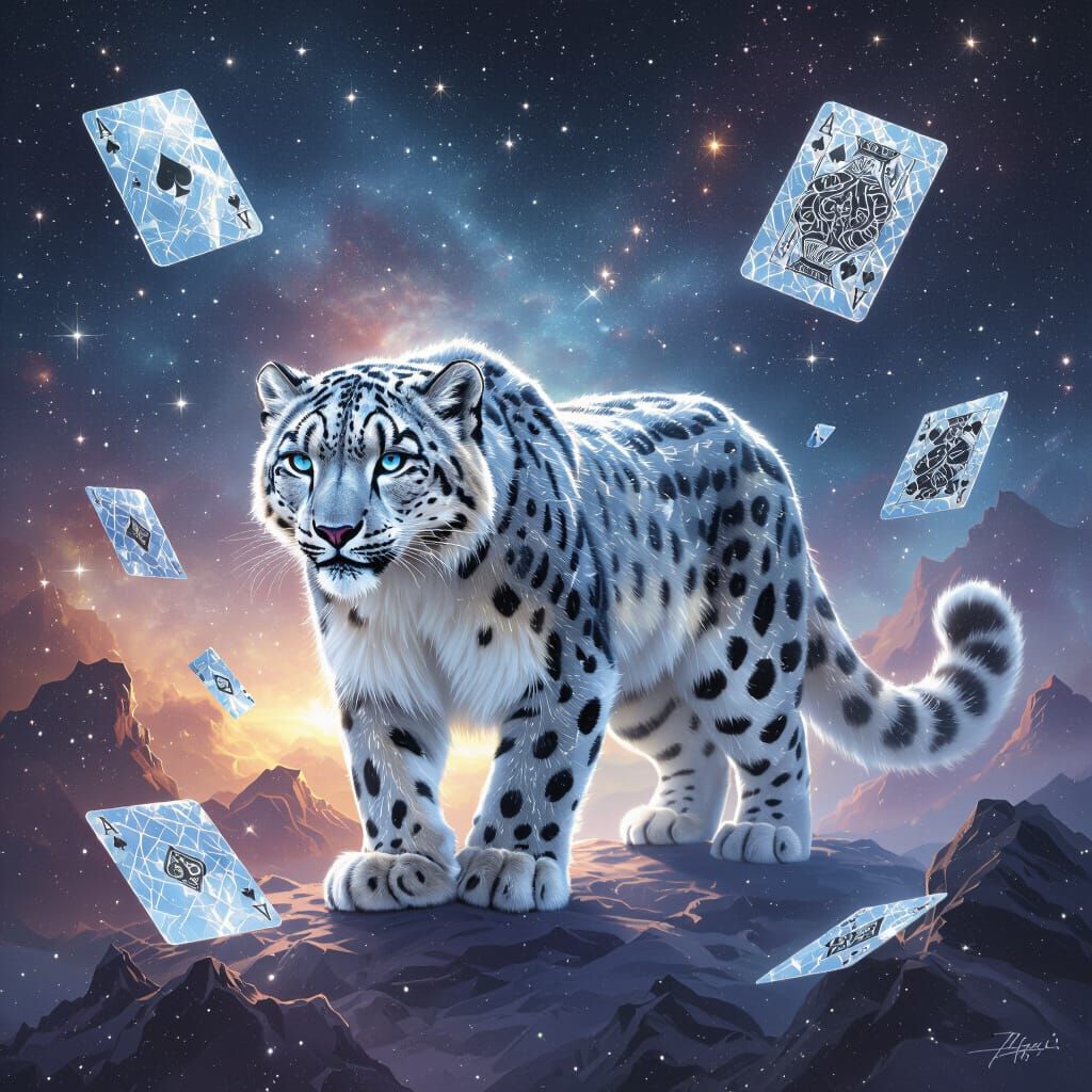 Snow Leopard in Celestial Nebula with Floating Cards