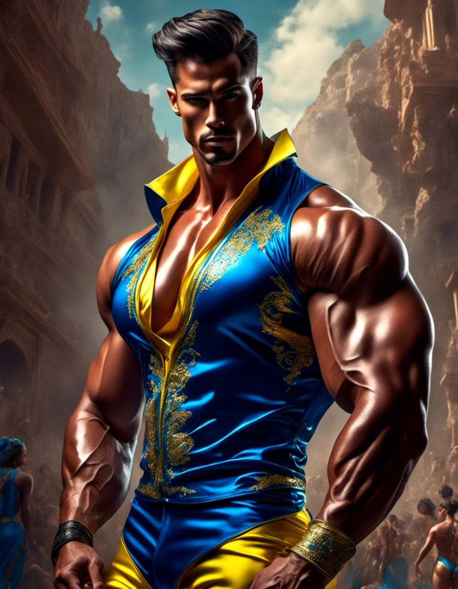 Photorealistic Bodybuilder in Metallic Dress