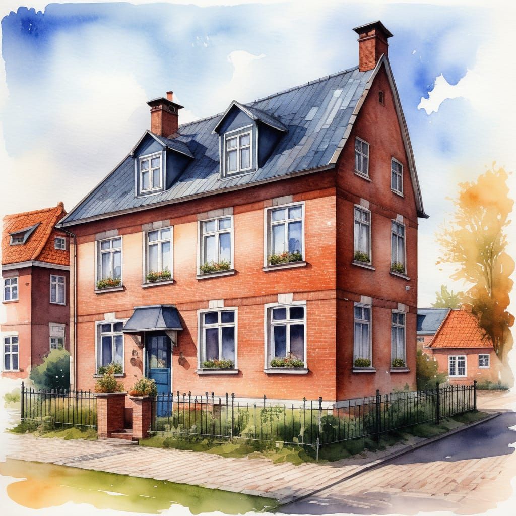 Traditional Dutch House in Warm Watercolor Style