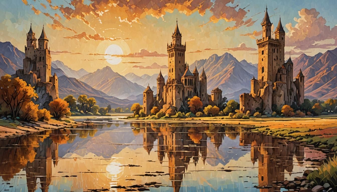 Romantic Landscape Painting with Majestic Towers