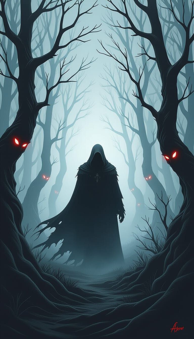 Mysterious Figure in Foggy Forest: Gothic Horror Illustratio...