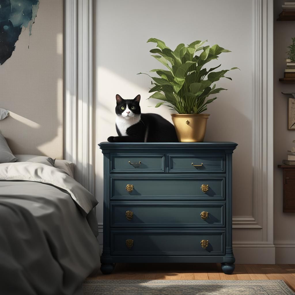 Tuxedo Cat in Dresser Drawer: Minimalist Bedroom