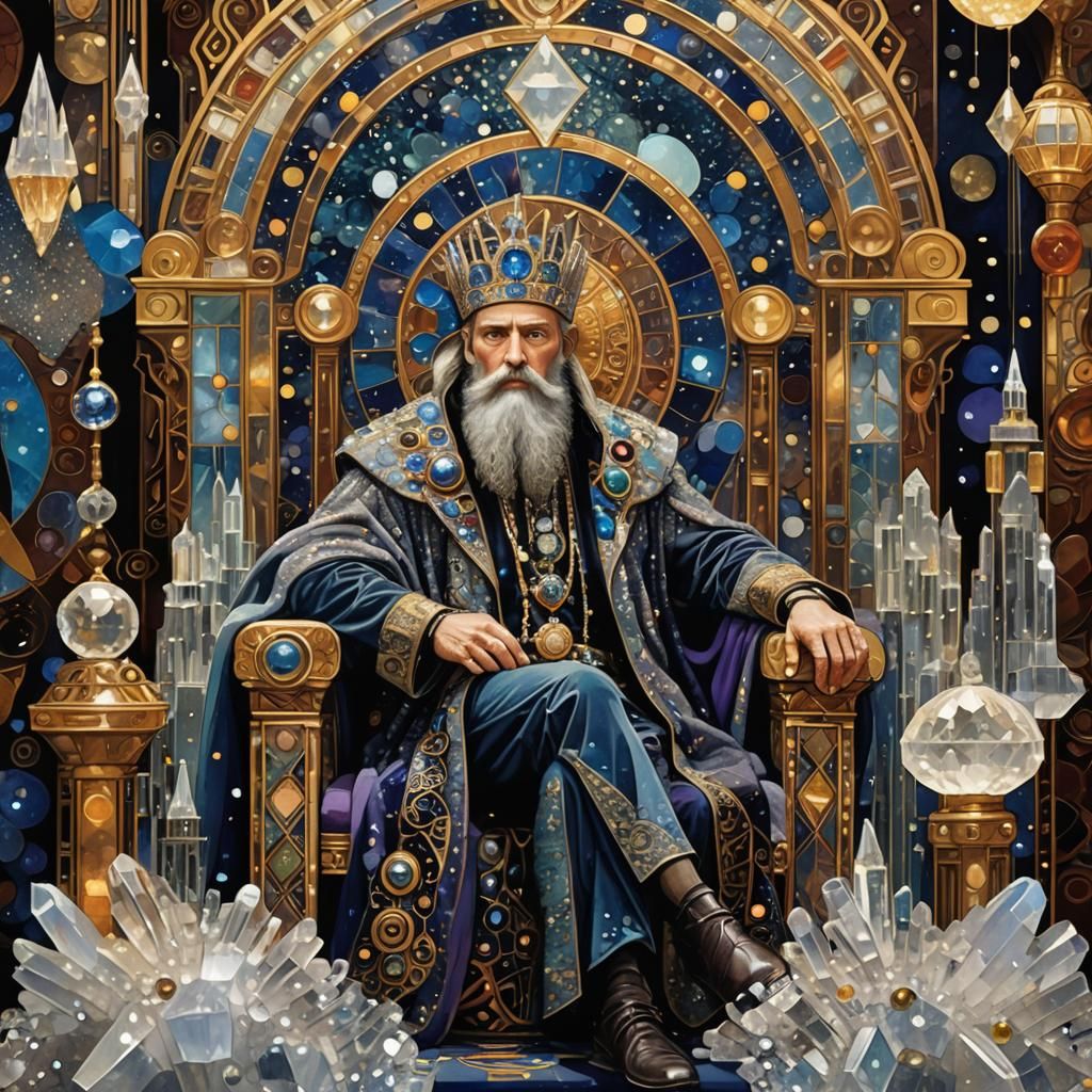 Regal Sorcerer on Crystal Throne in Art Deco Style