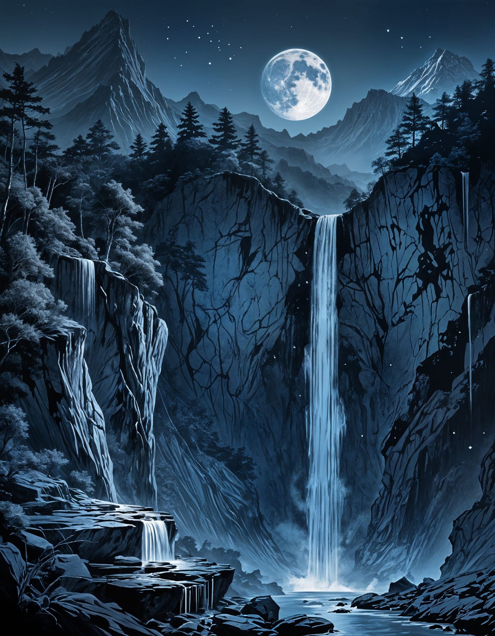 Blue Monochromatic Moonrise Over Mountain Waterfall