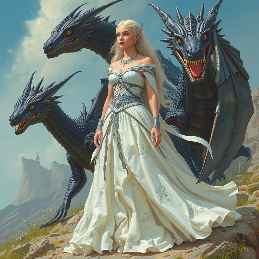 Daenerys Targaryen with Dragons in Dreamlike Fantasy Art