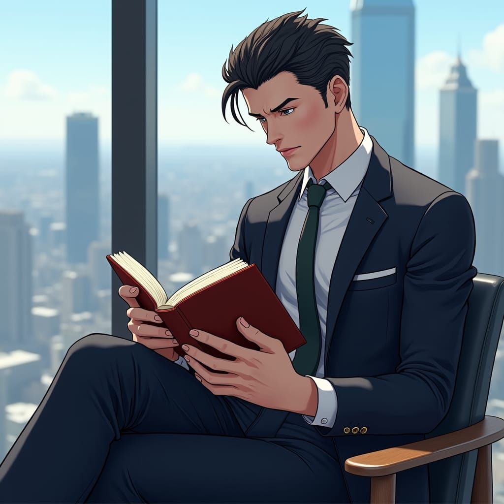 Young Executive Reading in Modern Office, Anime Style