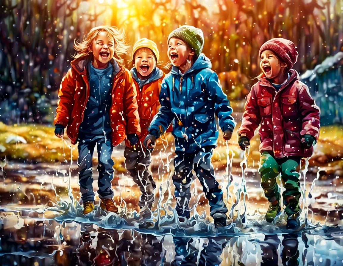 Happy Children Playing in Melting Snow: Hyperrealistic Conce...
