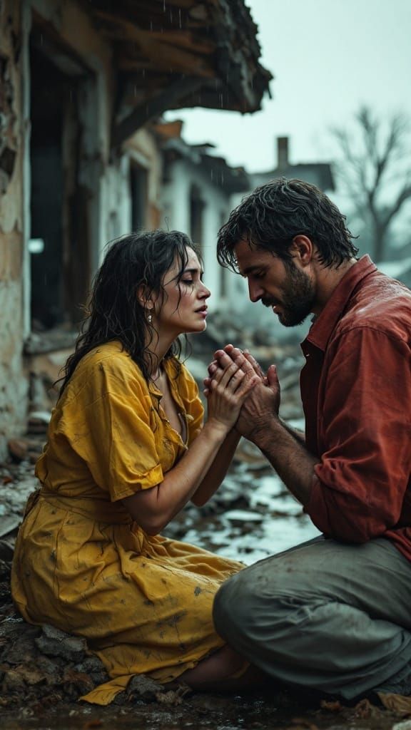 Desperate Parents Kneel in Prayer on Ruined Porch