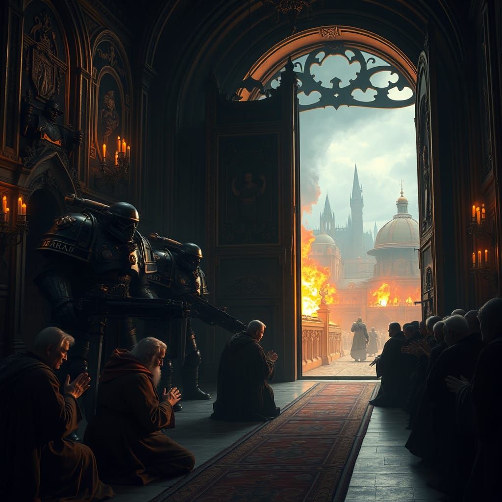 Warhammer Warriors Invade a Burning City's Church