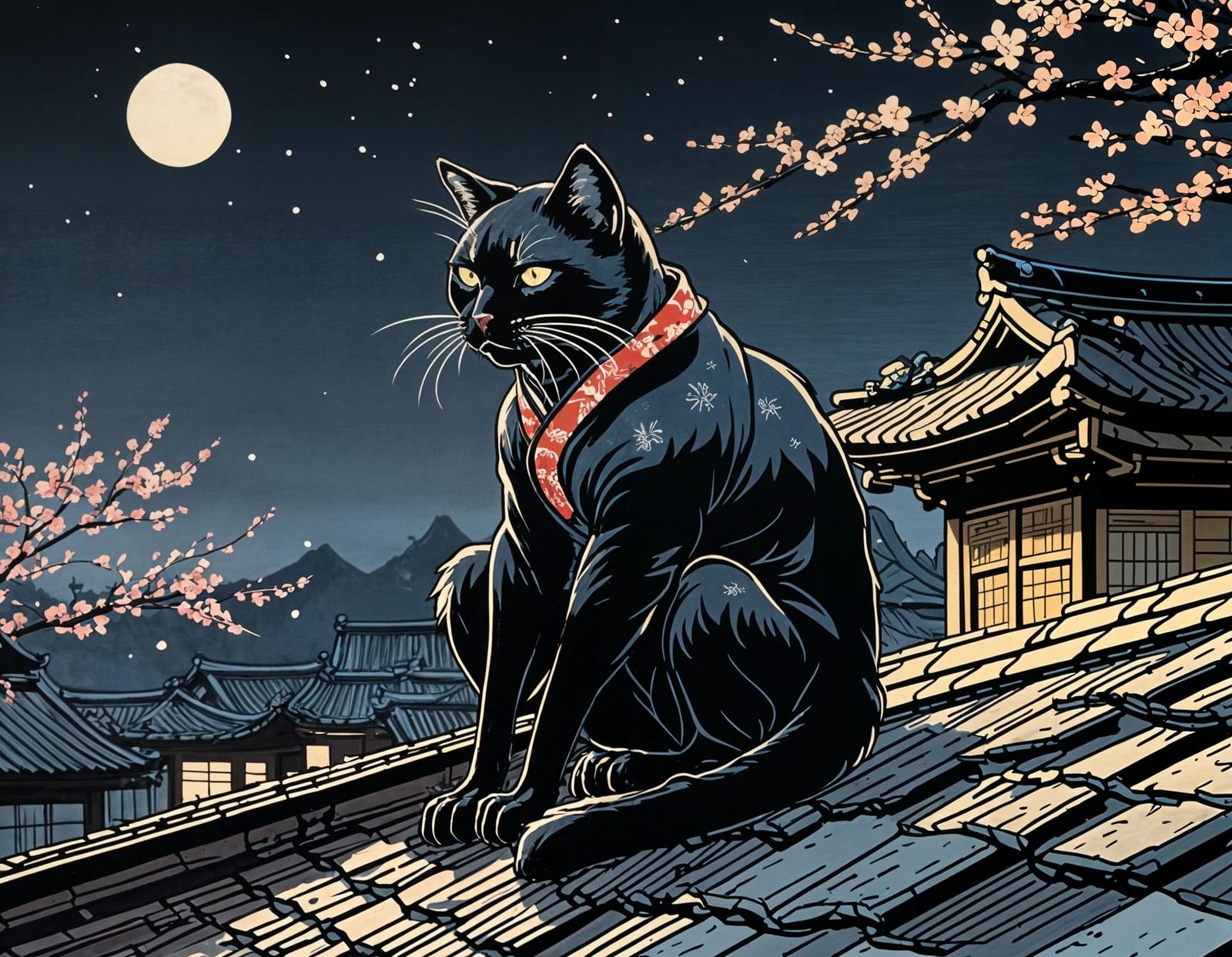 Black Cat Ninja in Ukiyo-e Style