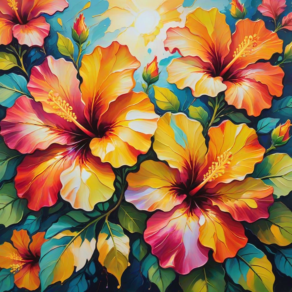 Surreal Hibiscus Flowers: Fauvist Acrylic Painting