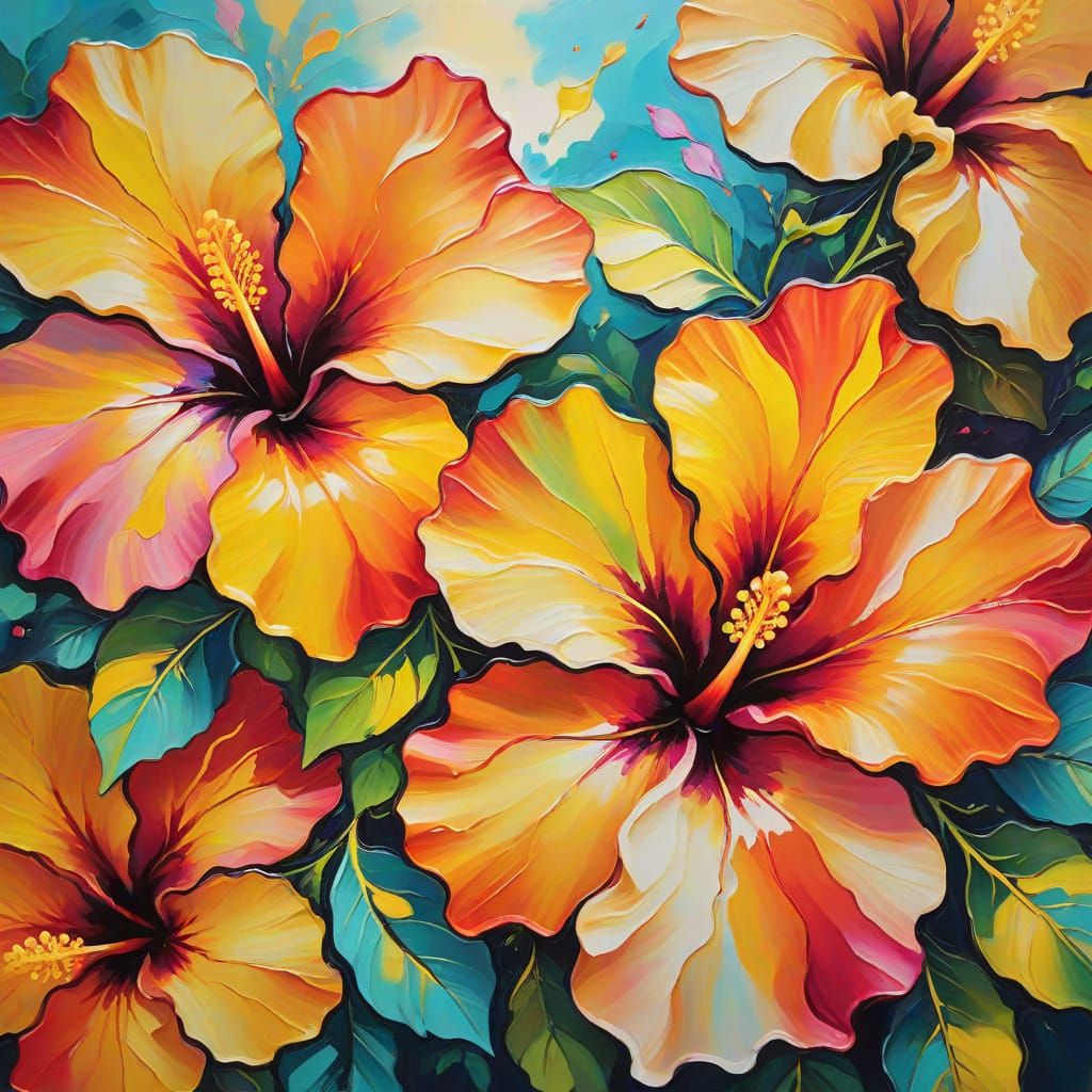 Abstract Hibiscus Flowers in Fauvist Acrylic Painting