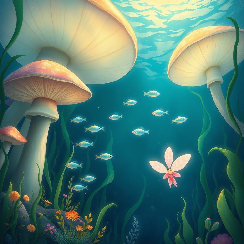 Enchanted Underwater Forest with Luminous Mushrooms