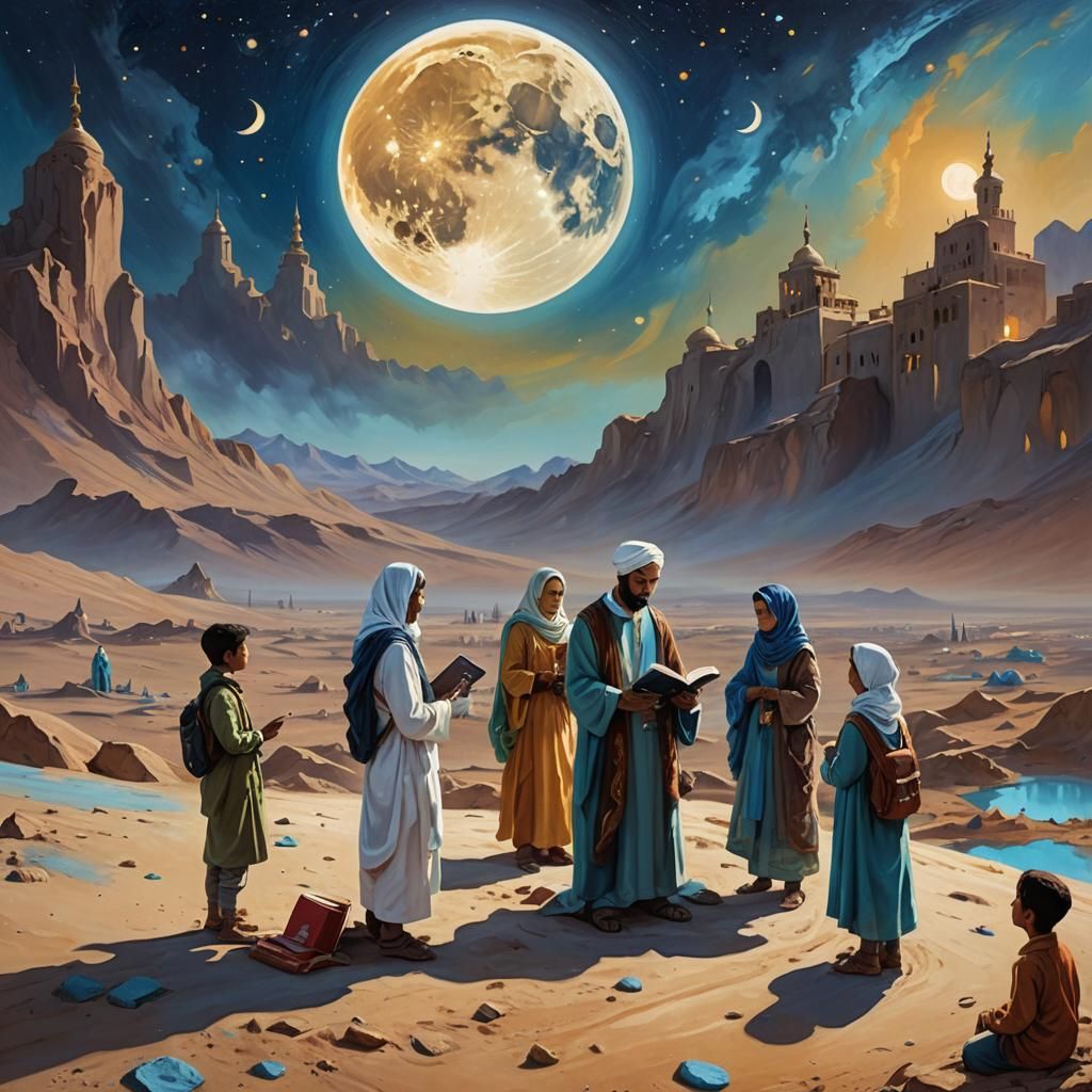 Muslim Family on Moon in Vibrant Oil Painting