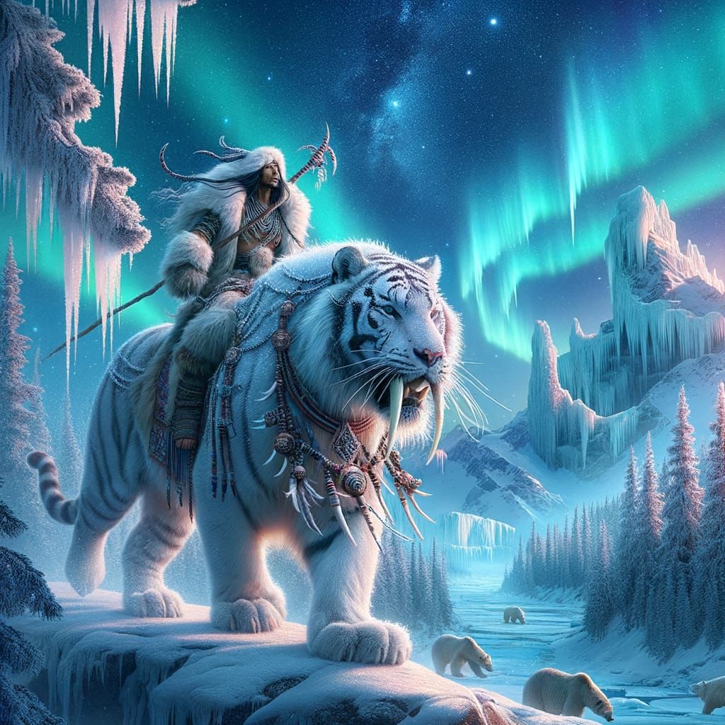 Arctic Shaman on Sabre-Toothed Tiger in Glacial Valley