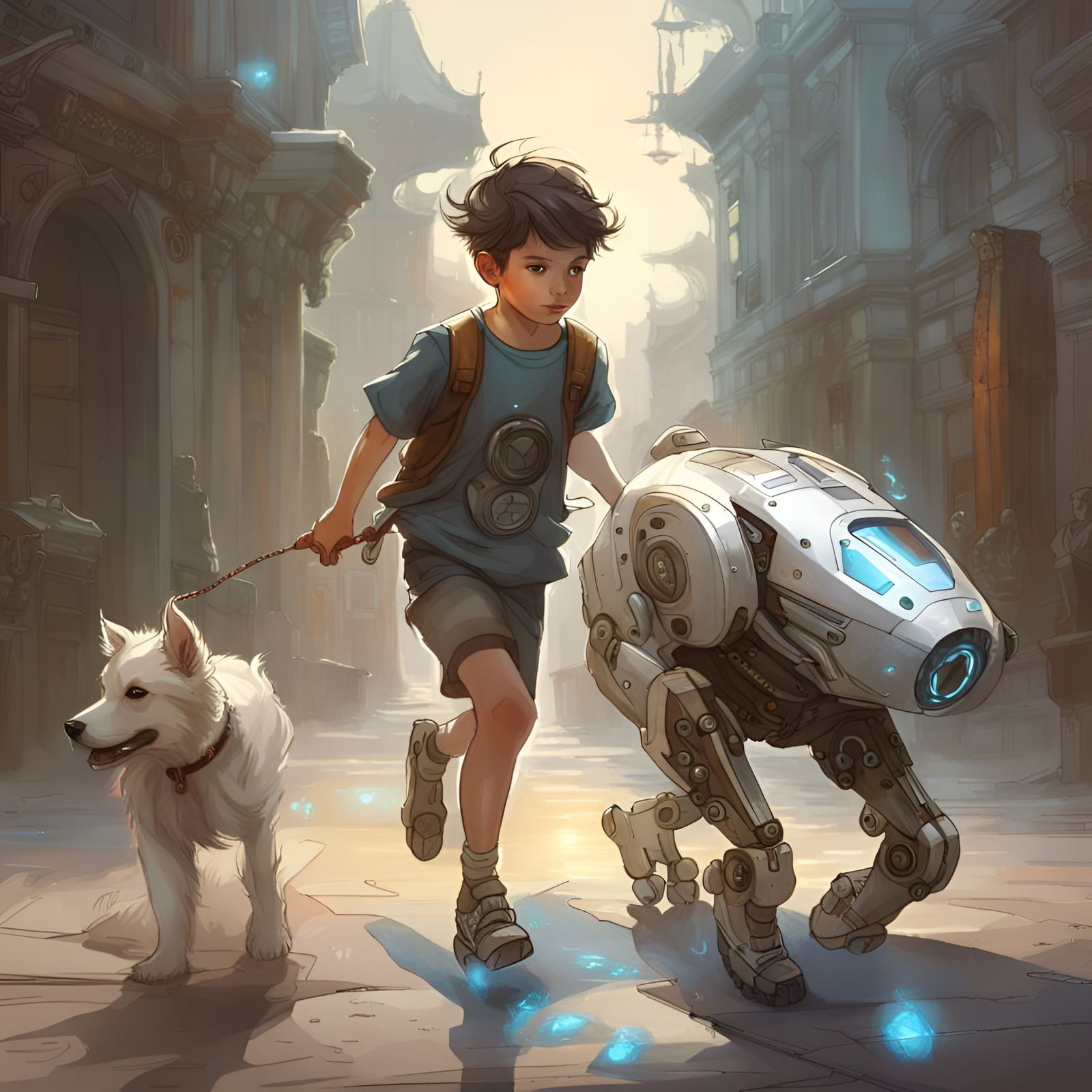 Boy and Robot Dog: Hyperdetailed Art Illustration