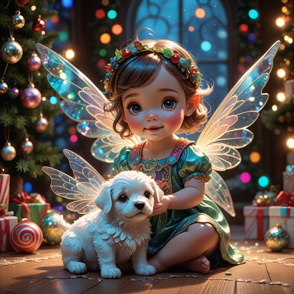 Glowing Glass Christmas Fairy Plays with Adorable Puppy in W...